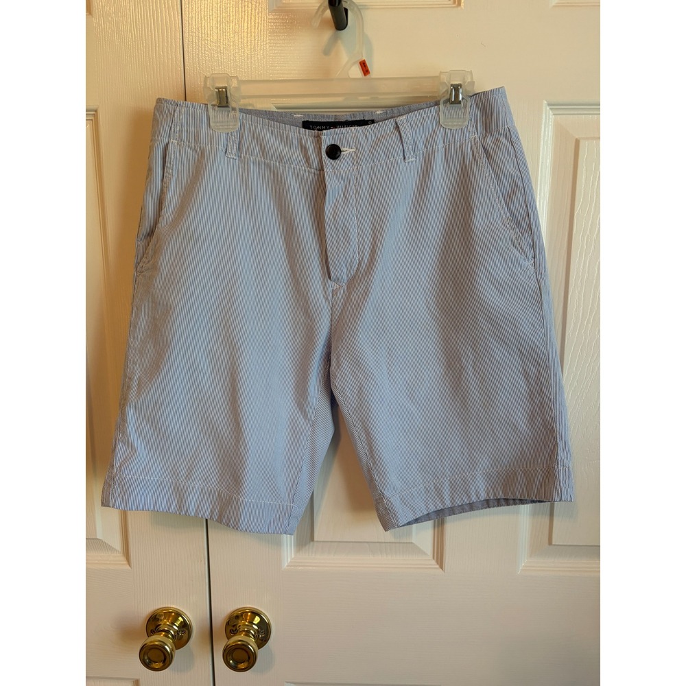 Tommy Hilfiger Mens 30 Classic Fit Seersucker Striped Cotton Shorts Blue White